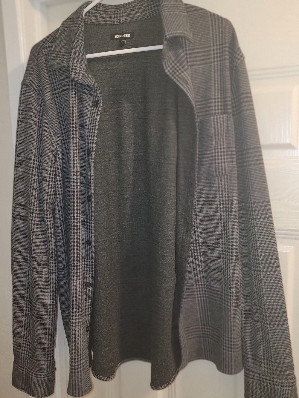 Express Men’s Gray Plaid Button-Front Cardigan Sweater